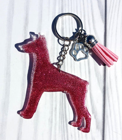 Custom Doberman Pinscher Dog Mama Glitter Keychain.