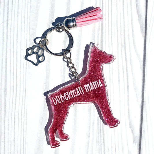 Custom Doberman Pinscher Dog Mama Glitter Keychain.