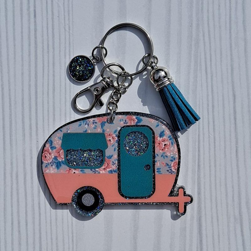 Custom Retro Vintage Glitter Camper Keychain.