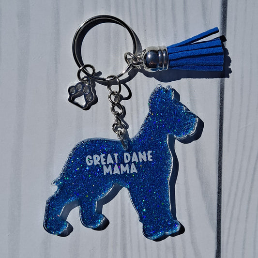 Custom Great Dane Dog Mama Glitter Keychain.