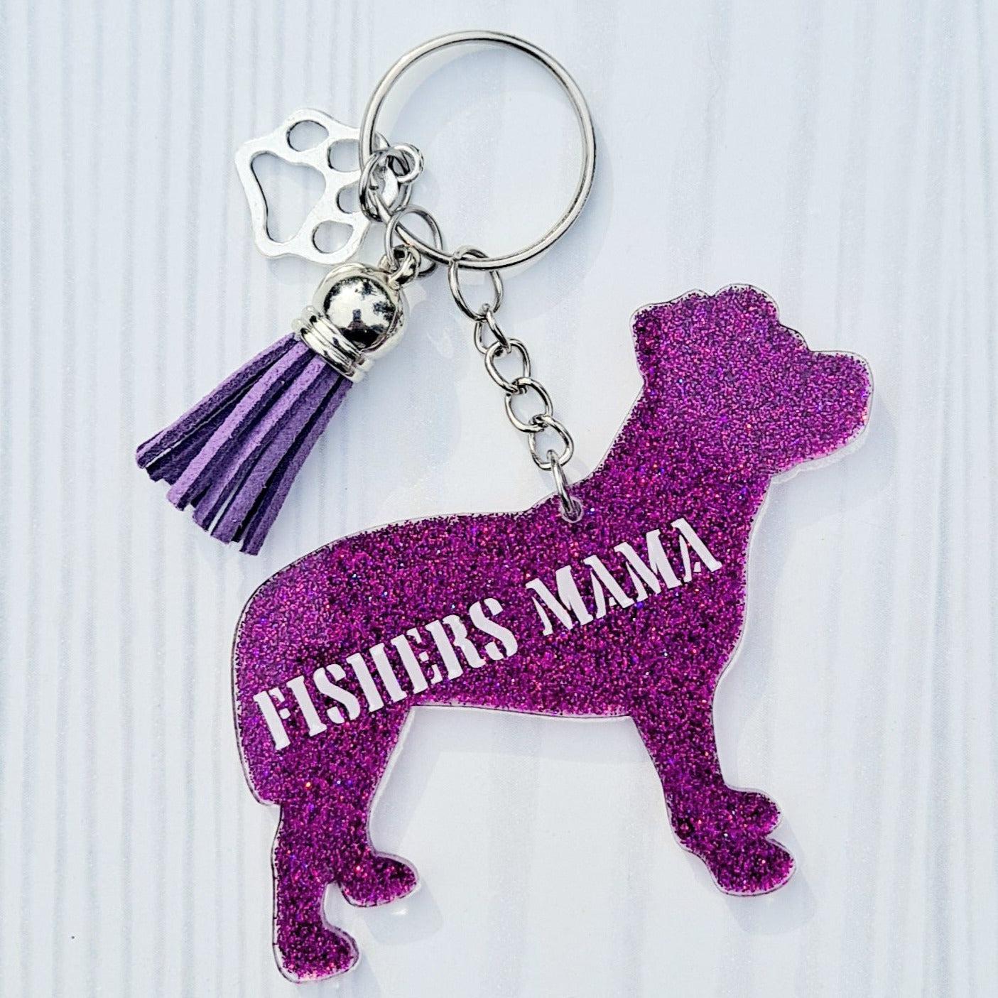 Custom Pitbull Dog Mama Glitter Keychain.