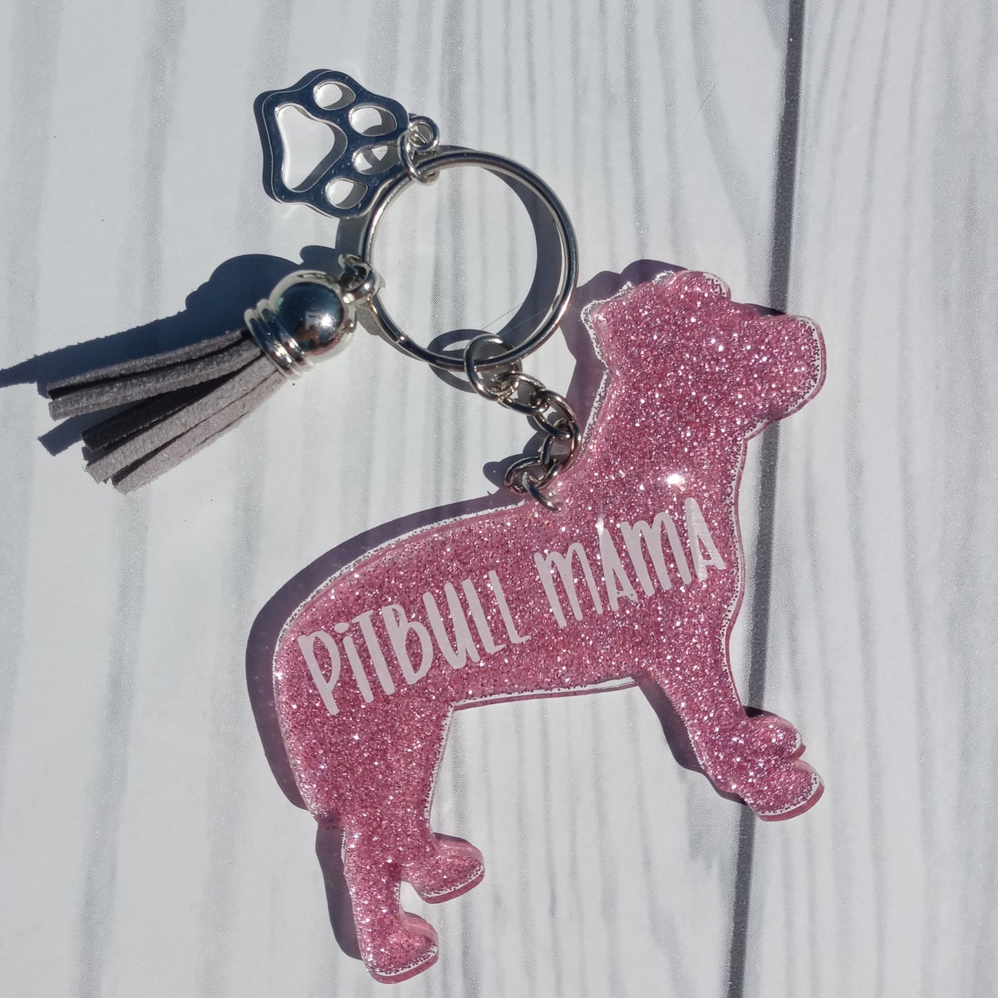 Custom Pitbull Dog Mama Glitter Keychain.