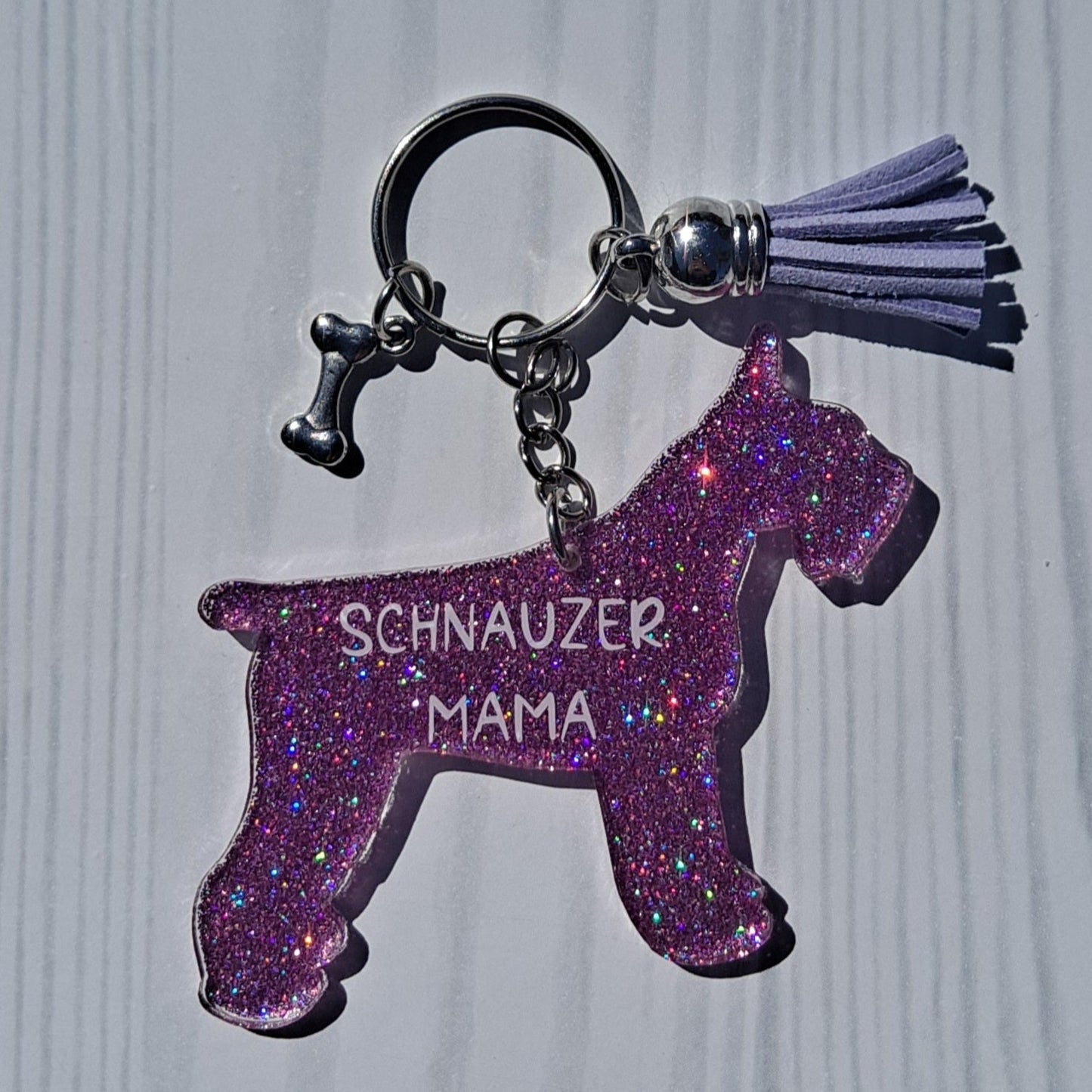 Custom Schnauzer Dog Mama Glitter Keychain.