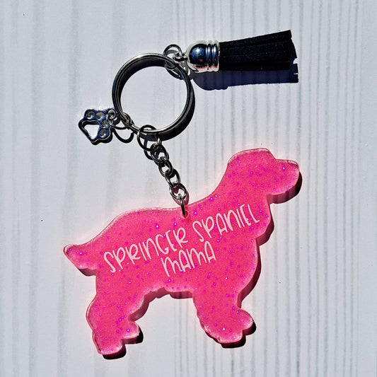 Custom Springer Spaniel Dog Mama Glitter Keychain.